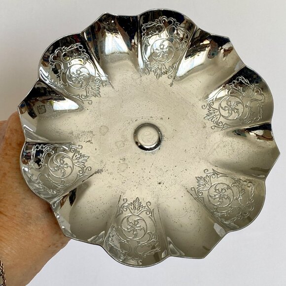 Farberware Krome Kraft Art Deco Pedestal Candy Dish Scalloped Chrome Plated Vtg - Picture 2 of 12